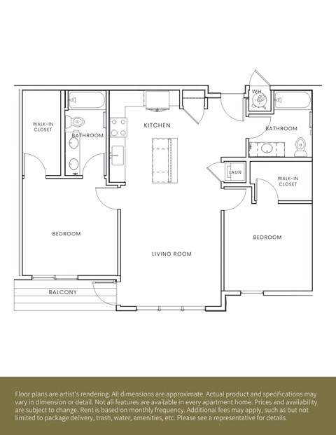 A floor plan of an apartment with a living room, kitchen, two bathrooms, two bedrooms, and a balcony.